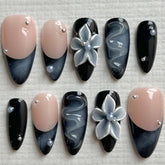 Black Floral Almond NailsCarefully designed pure handmade press-on gel nails