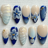 3D Blue White Flower Medium Long Almond NailCarefully designed pure handmade press-on gel nails