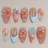 Hot SaleFrench Pink Blue Almond NailHandmade Artificial Gel Nail Press-On Nails