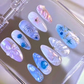 Pink Blue Almond 3D NailsCarefully designed pure handmade press-on gel nails