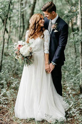 Ivory 3/4 Sleeves Lace Top Backless Wedding Dresses, Bridal Gowns