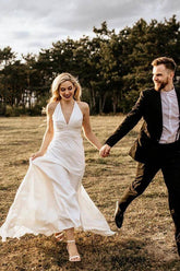 Ivory A-line Halter Sleeveless Beach Wedding Dresses, Simple Bridal Gown