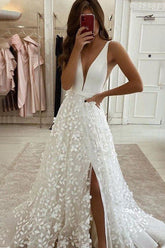 Ivory A-line Satin Tulle 3D Flowers V-neck Wedding Dresses With Slit