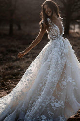 Ivory A-line V-neck Lace Appliqued Beach Wedding Dresses, Bridal Gown