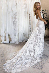 Ivory A-line V-neck Lace Backless Spaghetti Straps Beach Wedding Dresses