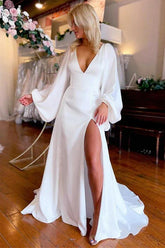 Ivory A-line V-neck Long Sleeves Simple Wedding Dresses With Slit