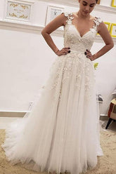 Ivory A-line V-neck Wedding Dresses With Lace Appliques, Bridal Gown