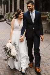 Ivory Chiffon Backless A-line V-neck Lace Wedding Dresses, Bridal Gown