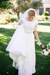 Ivory Lace A-line Beaded Half Sleeves Wedding Dresses, Bridal Dress