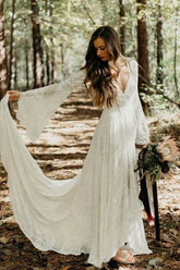 Ivory Lace A-line V-neck Long Sleeves Sweep Train Boho Wedding Dresses