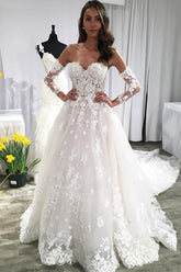 Ivory Lace Long Sleeves A-line Backless Wedding Dresses With Train