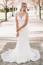 Ivory Lace Mermaid V-neck Sweep Train Wedding Dresses, Bridal Gown