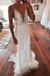 Ivory Mermaid Backless Deep V-neck Lace Wedding Dresses, Bridal Gown