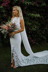 Ivory Mermaid Backless Lace Wedding Dresses With Slit, Bridal Gown