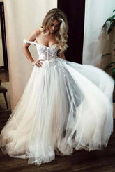 Ivory Off Shoulder Sweetheart Long Wedding Dresses with Lace Appliques