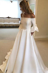Ivory Satin A-line 3/4 Sleeves Off Shoulder Wedding Dresses with Pockets