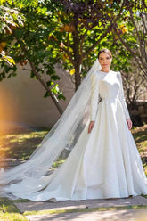 Ivory Satin A-line Long Sleeves Embroidery Modest Wedding Dresses