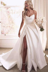 Ivory Satin A-line Strapless Court Train Wedding Dresses With Thigh Slit