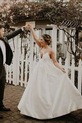 Ivory Satin A-line V-neck Spaghetti Straps Sleeveless Wedding Dresses