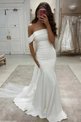 Ivory Satin Mermaid Off-the-Shoulder Simple Wedding Dress, Bridal Gown
