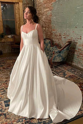 Ivory Satin Spaghetti Straps Simple Wedding Dresses With Court Train
