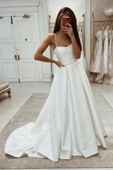 Ivory Satin Spaghetti Straps Simple Wedding Dresses With Sweep Train