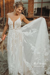 Ivory Tulle A-line V-neck Lace Appliques Wedding Dress, Bridal Gown