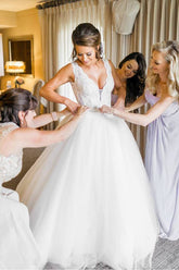 Ivory Tulle Ball Gown V Neck Rhinestone Wedding Dresses, Bridal Gown