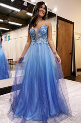 Blue Spaghetti Straps A-Line Tulle Long Corset Prom Dress with Appliques
