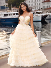 Sheer Bodice Lace Embroidery Layered Ball Gown Prom Dress