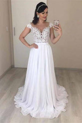Lace A-line V-neck Cap Sleeves Wedding Dresses, Chiffon Wedding Gown