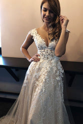 Lace A-line V-neck Sleeveless Sweep Train Wedding Dress, Bridal Gowns