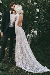 Lace Mermaid High Neck Long Sleeves Beach Wedding Dresses, Bridal Gown