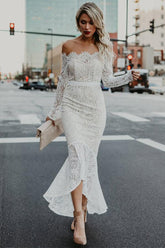 Lace Mermaid Off Shoulder High Low Long Sleeves Wedding Dresses