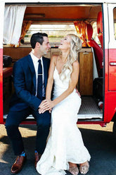 Lace Mermaid Spaghetti Straps V-neck Backless Beach Wedding Dresses