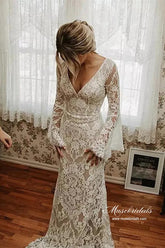 Lace Mermaid V-neck Long Sleeves Backless Vintage Wedding Dresses