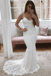Lace Mermaid V-neck Spaghetti Straps Wedding Dress With Sweep Train