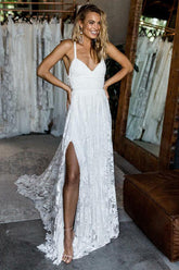 Lace Spaghetti Straps Criss-Cross Straps Wedding Dress With Sweep Train