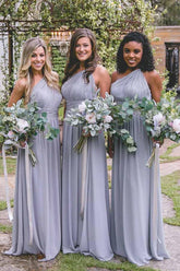 Lavender Chiffon Open Back One-Shoulder Long Bridesmaid Dresses