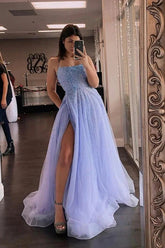 Lavender Tulle A-line Beaded Long Prom Dresses With Slit, Party Dress