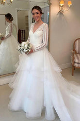 Layered Tulle Ball Gown Lace V-neck Long Sleeves Wedding Dresses