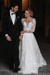 Leaves Lace Tulle Long Sleeves Boho Wedding Dresses, Bridal Gown