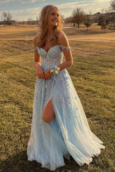 Light Blue A-line Tulle Off-the-Shoulder Prom Dresses With Appliques