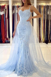Light Blue Lace Mermaid Spaghetti Straps Prom Dresses, Evening Gown