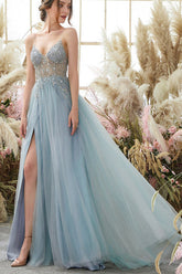 Light Blue Tulle A-line V-neck Spaghetti Straps Beaded Long Prom Dresses