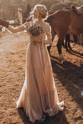 Light Brown Tulle A-line Long Sleeves Boho Rustic Wedding Dresses
