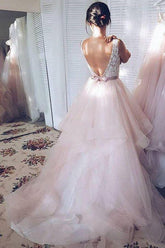 Light Pink Tulle Ball Gown V-neck Lace Wedding Dresses, Bridal Gowns