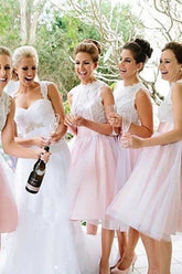 Light Pink Tulle Lace A-line Short Bridesmaid Dresses, Wedding Party Dress