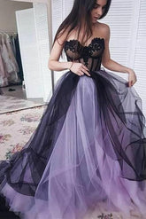Lilac Black Tulle A-line Sweetheart Prom Dresses With Lace Appliques