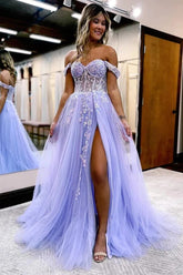 Tulle A-line Off Shoulder Long Prom Dresses With Lace Appliques,